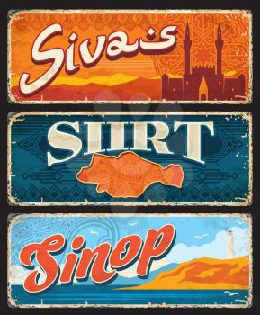 Sivas, Siirt and Sinop Turkey provinces vector sign plates. Turkish travel luggage tags. Turkey provinces tin signs or region metal plates with landmark and city taglines