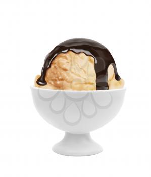 Sundae ice cream dish with chocolate and whipped cream. Parlour vanilla dessert in ceramic bowl, 3d realistic vector Italian gelato ice cream ball poured with cocoa topping or chocolate drip