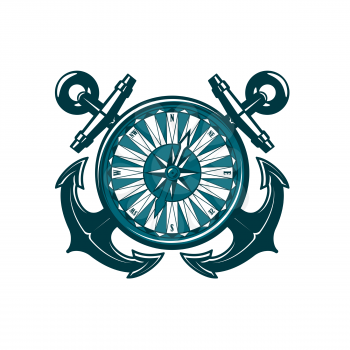 Heraldic icon with crossed anchors and compass, vector nautical heraldry and sea travel. Sail ship or boat anchors with vintage marine navigation compass rose isolated badge design