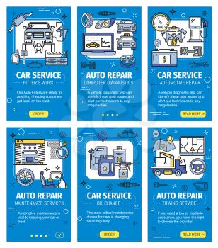 Car service and repair, vehicle computer diagnostics vector web applications. Car maintenance and oil change, towing and fitters work. Online garage station repairing center, spare parts