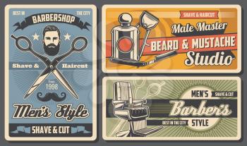 Barbershop service, shave and cut salon. Vector beard and mustache hairdressing studio, razor and armchair, hipster hairdresser. Men shaving, styling, scissors and cologne, gentlemen barber shop