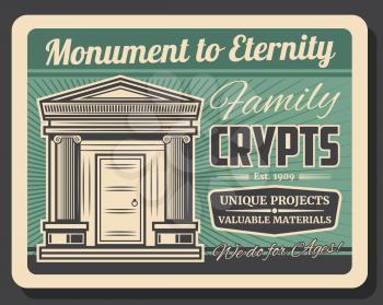 Family crypts, retro monuments to eternity. Vector funeral service agency, burial vintage charnel houses. Creepy old family tomb in cemetery, abandoned graveyard, rest in peace marble memorial