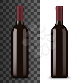 Bottle of red wine isolated on white and transparent. Vector alcohol drink in glass bottle without label, wine card. Burgundy or ruge beverage, chardonnay merlot sweet semi sweet vine, winery product