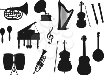 Musical instrument isolated monochrome icons. Vector classic, jazz and folk music tools. Retro drum and violin, piano and trumpet, maracas and horn. Guitar and harp, gramophone and trumpet, cello