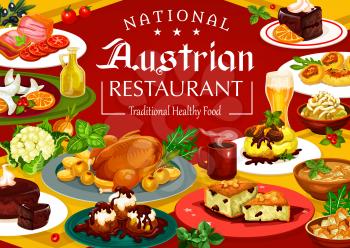 Austrian cuisine menu, traditional food and drinks. Vector desserts and main courses, coffee and beer. Christmas goose and goulash in Tyrolean, potato pasta and soup, sausages and chocolate cakes