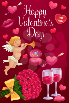 Happy Valentines Day vector greeting card with loving couple and hearts. Cupid with love arrows, rose flowers bouquet and wedding ring, wine glasses, kiss lips and Amur angel playing pipe