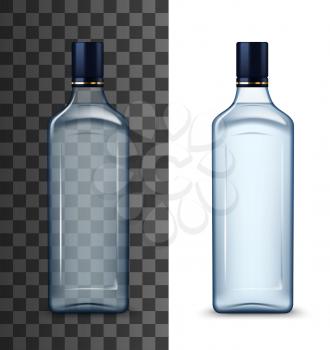 Glass vodka bottle mockup with black cap isolated on white and transparent. Vector high spirit alcohol drink, realistic bottle of Russian vodka. Packaging template of strong beverage, gin or whisky