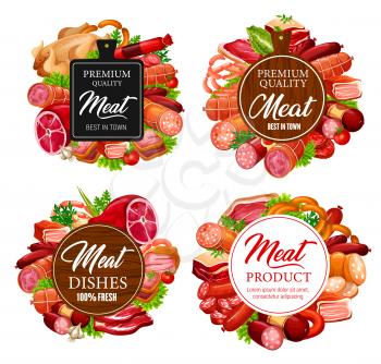 Meat food vector sausages, beef steaks and pork ham, salami, bacon and chicken, lamb and turkey with herbs and cutting board. Butcher shop or barbeque store emblems, labels design