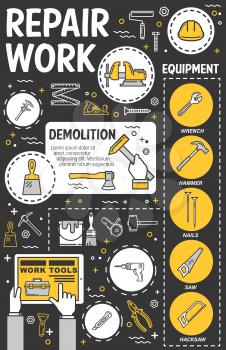 Work tools vector design of house repair, home construction and building equipment. Thin line hammer, drill and paint, toolbox, screwdriver and brush, pliers, wrench and spanner, roller and trowel