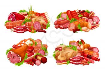 Meat and sausage with spice herb vector icons. Beef steaks, pork ribs and ham, salami, bacon and smoked frankfurter, chicken, turkey, barbeque burger and lettuce salad leaves. Butcher shop design