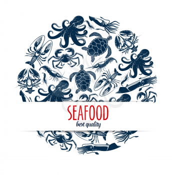 Seafood round symbol with vector sea animals and shellfish. Crab, octopus and lobster, squid, shrimp and prawn, sea turtle, crustacean and crayfish, seafood restaurant, sushi bar or fish market design