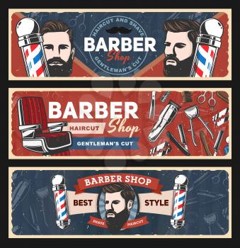 Barbershop vector design of barber shop and hair salon. Hipster man heads with beard and mustache, retro poles and straight razors, hairdresser chair, haircut shavers, blades, combs and scissors