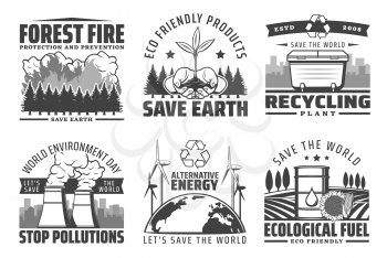 Save Earth, World environment day, nature protection and conservation ecology icons. Vector alternative eco energy production, stop pollution, forest fire prevention, ecological fuel and recycling