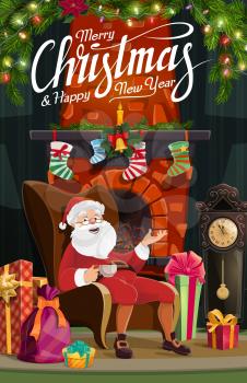 Christmas fireplace, Santa and New Year gifts vector design of winter holidays greeting card. Xmas mantelpiece with presents, stockings and festive garland, bell, lights and candle, ribbons and clock