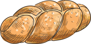 Braided bread with sesame sketch isolated pastry food. Vector bakery product of wheat dough
