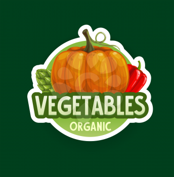 Organic vegetables badge or icon. Vector farm veggie pumpkin, red bell pepper and artichoke. Isolated organic farm market and grocery vegetables icon