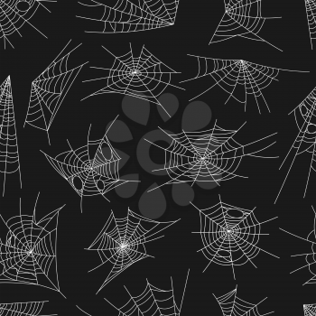 Spiderweb pattern, seamless spider web for Halloween, background, vector. White spiderweb or cobweb pattern on black background, horror holiday night and spooky, creepy cartoon decoration