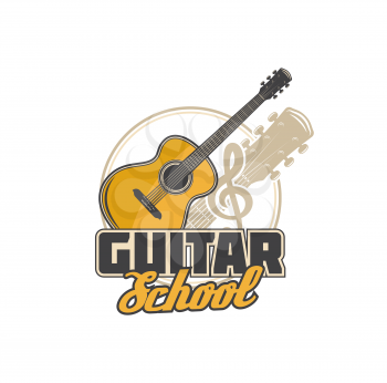 Guitar school icon, music academy and musician education vector symbol. Acoustic guitar play and music instruments school sign with guitar and clef note