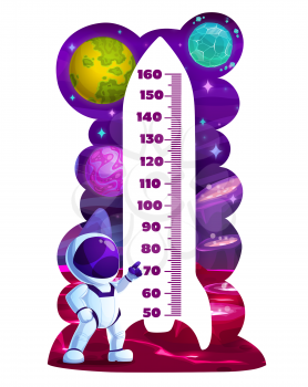 Cartoon spaceship and astronaut kids height chart, growth meter. Vector wall sticker with space planets and cute cosmonaut. Children height measurement scale with rocket, galaxy and spaceman character