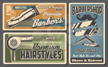 Barbershop, hairstyle and beard salon vector design with mustaches, barber or hairdresser chair, straight razor, scissors and razor blades, haircut machine and hair dryer. Male master studio posters