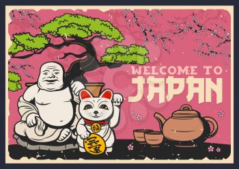 Travel to Japan vector design of Japanese and Asian culture traditions. Sakura with blooming branches and flowers, lucky cat maneki neko and tea ceremony set with teapot and cups, bonsai tree, netsuke