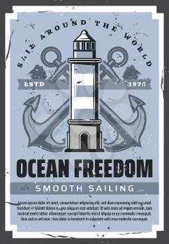 Sea boat anchors, nautical lighthouse and ocean sailing ships with marine ropes vector design. Sailing sport, sea travel and ocean cruise, maritime navigation tower, yacht club and vessel transport