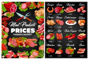 Meat and sausages chalkboard menu of butcher shop vector design. Beef steak, pork ribs and ham, salami, bacon and chicken, frankfurter, wurst and burger cutlet on blackboard with salads leaves, herbs
