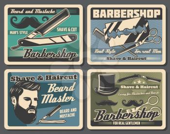 Barbershop vector posters of hair styling, beard and mustache shaving hipster salon design. Barber shop straight razor, haircut scissors and hairdresser comb, bearded man, blades and top hat