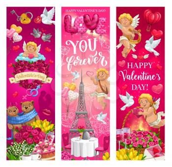 Valentines Day vector banners with romantic love gifts, hearts and Cupids, flower bouquets, chocolate cakes and letter envelope, dating couple, kiss lips and balloons. Valentine holiday greeting card