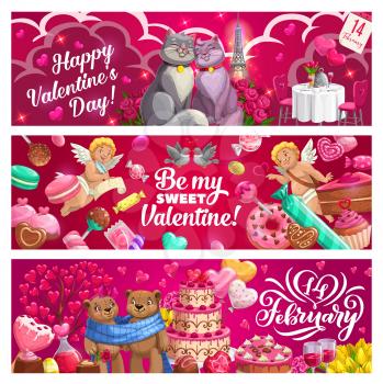 Valentines day vector banners of love holiday. Romantic gifts, hearts and Cupids, chocolate, flower bouquets and february calendar, cakes, candies and red balloons, couple of cat, wine and potion