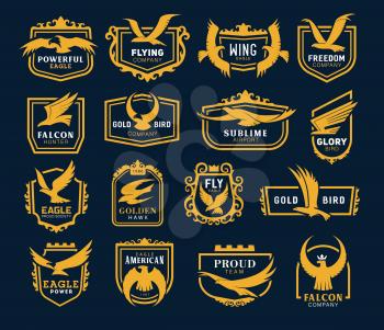 Vector heraldic golden hawk and eagle wings in shield, airlines and airport company, sport team and hunter club icons. Heraldic eagle icons, company and business identity template