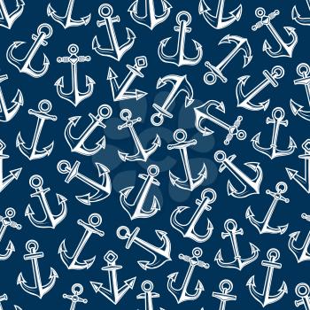 Ship anchor seamless pattern, marine adventure and sailor nautical symbols. Vector navy blue background of white anchors pattern, summer travel and yacht cruise journey