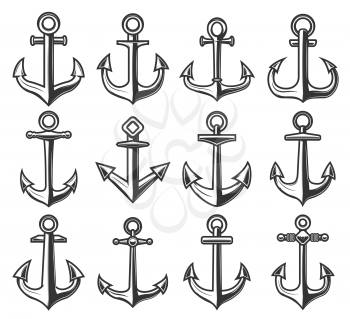 Ship anchor icons, marine adventure and sailor nautical symbols. Vector heraldic anchors isolated on white