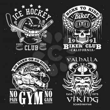 Sport badges, gym, ice hockey and biker club T-shirt monochrome grunge print. Vector ice hockey team shark icon, crocodile with barbell muscles, biker skull in wing helmet and Viking warrior