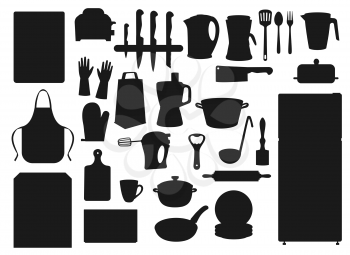 Kitchen appliances, household cooking utensils and kitchenware. Vector cutlery fork and knife, electric kettle, refrigerator and microwave oven, stove and saucepan, mixer blender and cutting board