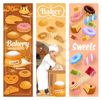 Bakery shop bread, baked desserts and pastry cookies. Vector baker man in chef hat at kitchen oven kneading dough and making patisserie cakes, croissants, wheat bagel buns and chocolate donut sweets