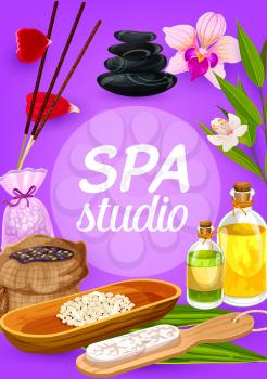 Spa beauty and health treatments vector design. Massage oil and sauna herbal lotion, bamboo, hair, face and feet bath therapy salt, mask and scrub, aromatherapy incense sticks, orchid flowers, stones