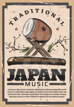 Japanese culture and traditions, national music instruments percussion Taiko drum and Koto. Vector Japan famous symbols, travel landmarks and tourist attraction vintage retro poster