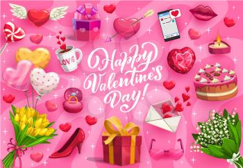 Happy Valentines Day romantic gifts vector greeting card. Love hearts, chocolate and balloons, wedding ring, flower bouquets and letter envelope, Cupid arrow, candy, cake and present box with ribbon