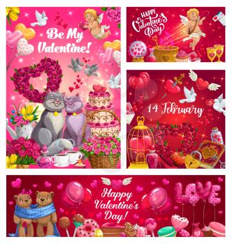 Cupids with love arrows, hearts and Valentines Day gifts vector design. Bouquets, chocolate and balloons, couple of cat, letter envelope and message, cakes, candies and rose flowers with greetings