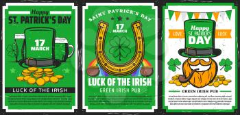 St Patricks Day religion holiday vector design of Irish pub party invitations. Shamrock or clover leaves, green beer and leprechaun with hat, pots of gold coins and lucky horseshoe, orange beard, pipe