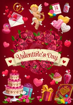 Valentines Day love heart made of rose flowers with romantic holiday gifts. Vector Cupid, wedding rings and cake, balloons, letter envelope and calendar, present boxes, ribbons and bows, greeting card