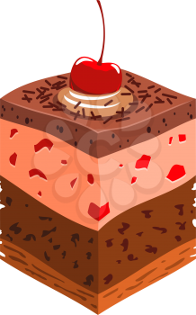 Layer chocolate cake topped by cherry isolated piece. Vector pastry dessert, bakery food