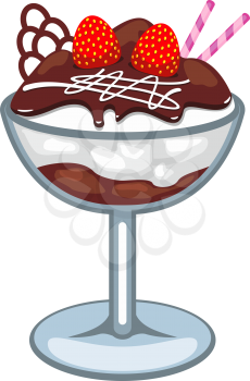 Sundae ice cream in glass cup isolated. Vector chocolate and vanilla dessert with raspberries, wafer sticks