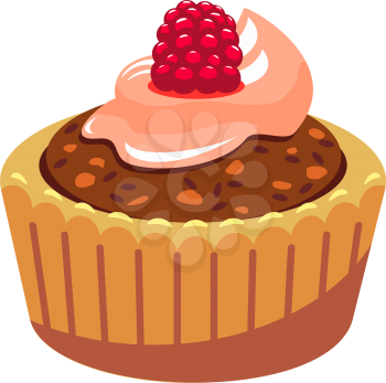 Sweet bakery food isolated muffin with chocolate cream and raspberry topping. Vector confectionery dessert