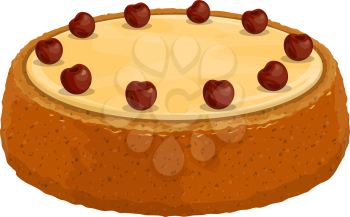 Biscuit cake topped by cherries isolated. Vector homemade pie with fruits, bakery food