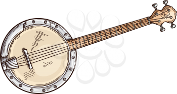 American banjo isolated retro musical instrument. Vector four string banjo guitar, chordal accompaniment