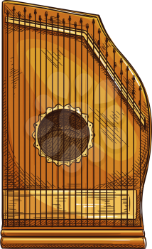 Zither musical instrument isolated sketch. Vector retro chord zither, stringed wooden object