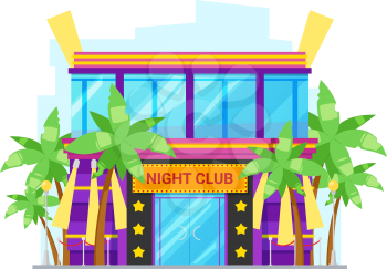 Night club on summer resort isolated building facade. Vector entertainment dancing center and palm trees