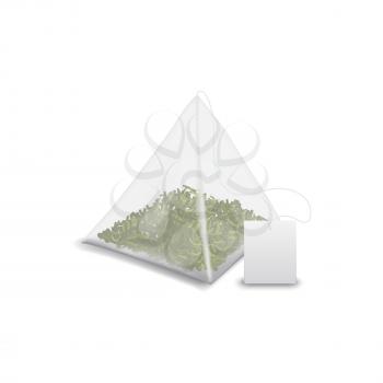 Triangular tea bag with green tea leaves isolated mockup. Vector packet of herbal drink